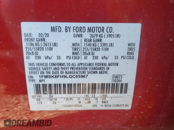2020 Ford Explorer Limited z VIN 1FMSK8FH9LGC05967, wystawiony jako Copart lot #62001755 z przebiegiem 56 592 mil mil oraz Szkoda całkowita • Salvage title. Historia ofert i sprzedaży dostępna na DreamBid. Obrazek 13.