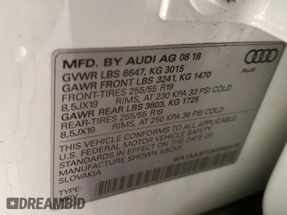 2019 Audi Q7 Premium with VIN WA1AAAF72KD003418, listed as a Copart auction lot 87104674 with 70,863 mi miles and Salvage title. Bid and sale history available at DreamBid. Image 13.