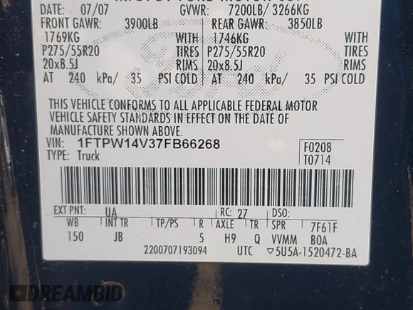 2007 Ford F-150 XLT with VIN 1FTPW14V37FB66268, listed as a IAAI auction lot 42395552 with 193,753 mi miles and . Bid and sale history available at DreamBid. Image 9.