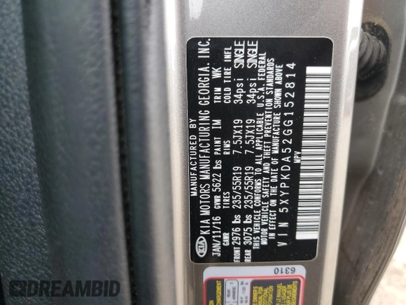 2016 Kia Sorento SXL with VIN 5XYPKDA52GG152814, listed as a Copart auction lot 44903395 with 77,479 mi miles and Salvage title. Bid and sale history available at DreamBid. Image 14.