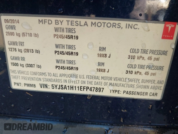 2014 Tesla Model S 60 with VIN 5YJSA1H11EFP47897, listed as a IAAI auction lot 41802285 with Not Provided miles and . Bid and sale history available at DreamBid. Image 9.
