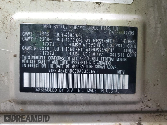 2010 Subaru Outback Premium All-Weather Anniversary z VIN 4S4BRBCC9A3350660, wystawiony jako Copart lot #55619945 z przebiegiem 161 392 mil mil oraz Szkoda całkowita • Salvage title. Historia ofert i sprzedaży dostępna na DreamBid. Obrazek 13.