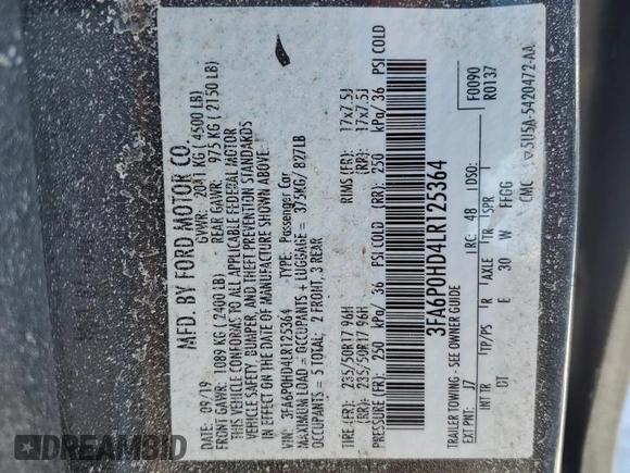 2020 Ford Fusion SE with VIN 3FA6P0HD4LR125364, listed as a Copart auction lot 45429505 with 24,226 mi miles and Salvage Title. Bid and sale history available at carsss.com. Image 13.