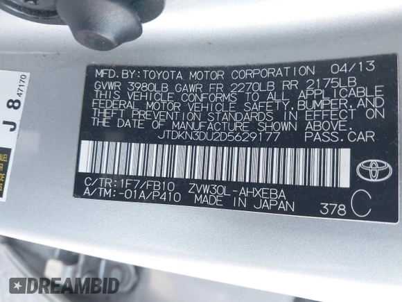 2013 Toyota Prius One with VIN JTDKN3DU2D5629177, listed as a IAAI auction lot 41921772 with 107,478 mi miles. Bid and sale history available at carsss.com. Image 9.