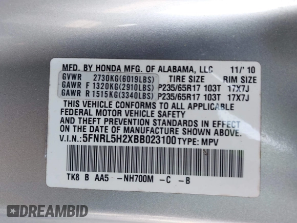 2011 Honda Odyssey LX с VIN 5FNRL5H2XBB023100, выставлен на аукционе IAAI как лот 41605637 с пробегом 241 955 миль миль и . История ставок и продаж доступна на DreamBid. Изображение 9.