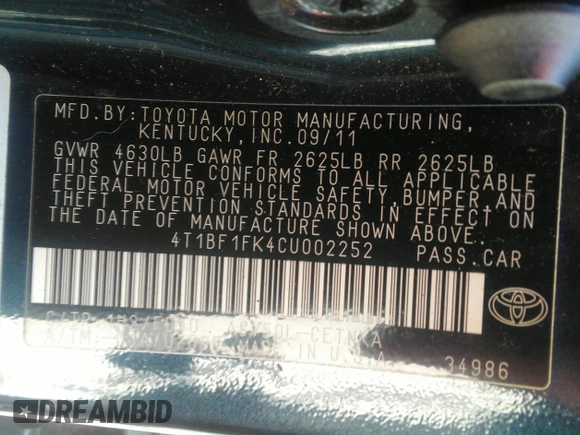 2012 Toyota Camry L with VIN 4T1BF1FK4CU002252, listed as a IAAI auction lot 42201973 with 261,460 mi miles. Bid and sale history available at carsss.com. Image 9.