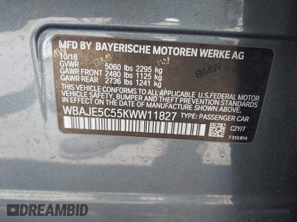 2019 BMW 5 Series 540i with VIN WBAJE5C55KWW11827, listed as a IAAI auction lot 42191127 with 72,113 mi miles and . Bid and sale history available at DreamBid. Image 9.