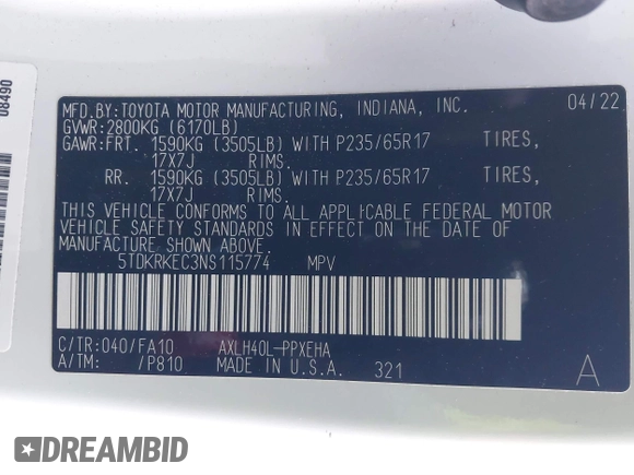 2022 Toyota Sienna LE с VIN 5TDKRKEC3NS115774, выставлен на аукционе IAAI как лот 41396838 с пробегом 59 552 миль миль и . История ставок и продаж доступна на DreamBid. Изображение 9.