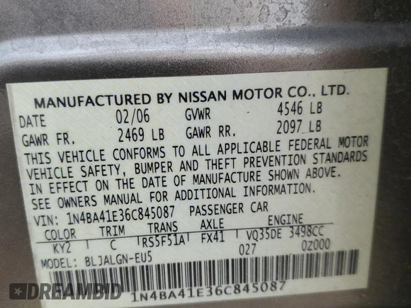 2006 Nissan Maxima SL with VIN 1N4BA41E36C845087, listed as a Copart auction lot 61875455 with 61,872 mi miles and Salvage title. Bid and sale history available at DreamBid. Image 12.