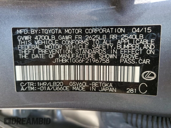 2015 Lexus ES 330 with VIN JTHBK1GG6F2196758, listed as a Copart auction lot 55349595 with 131,735 mi miles and Salvage Title. Bid and sale history available at DreamBid. Image 12.
