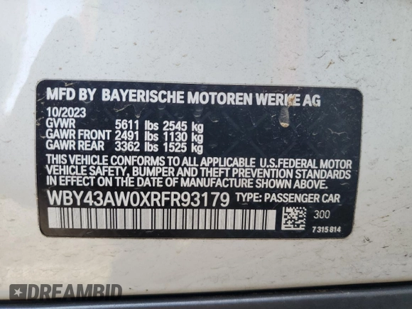 2024 BMW i4 eDrive35 with VIN WBY43AW0XRFR93179, listed as a Copart auction lot 52396475 with 14,905 mi miles and Salvage Title. Bid and sale history available at carsss.com. Image 12.