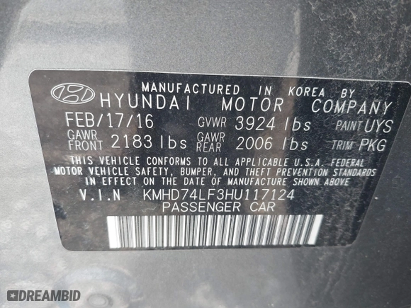 2017 Hyundai Elantra SE with VIN KMHD74LF3HU117124, listed as a IAAI auction lot 41893076 with 150,064 mi miles. Bid and sale history available at carsss.com. Image 9.