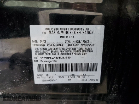 2009 Mazda 6 i Touring with VIN 1YVHP82A595M13710, listed as a Copart auction lot 49463245 with Not Provided miles and Salvage Title. Bid and sale history available at carsss.com. Image 13.
