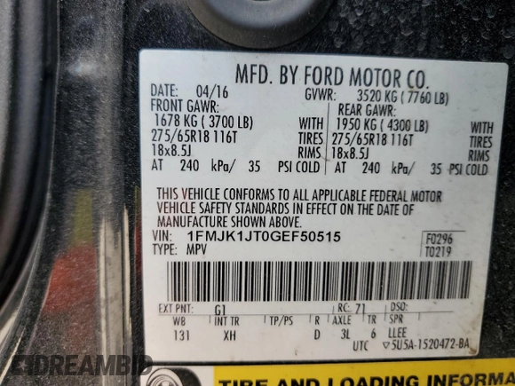 2016 Ford Expedition Max XLT with VIN 1FMJK1JT0GEF50515, listed as a Copart auction lot 54939125 with 106,937 mi miles and Salvage title. Bid and sale history available at DreamBid. Image 14.