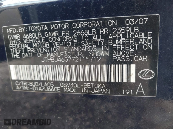 2007 Lexus ES 350 with VIN JTHBJ46G772115712, listed as a IAAI auction lot 42122321 with 115,006 mi miles. Bid and sale history available at carsss.com. Image 9.