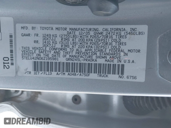 2006 Toyota Tacoma z VIN 5TELU42N06Z195981, wystawiony jako IAAI lot #41333261 z przebiegiem 216 216 mil mil oraz . Historia ofert i sprzedaży dostępna na DreamBid. Obrazek 9.