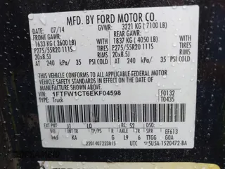 2014 Ford F-150 XL with VIN 1FTFW1CT6EKF04598, listed as a IAAI auction lot 41001719 with 118,549 mi miles and . Bid and sale history available at DreamBid. Image 9.