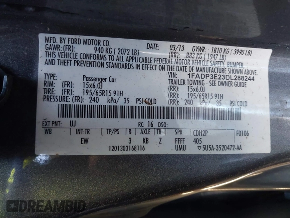 2013 Ford Focus S with VIN 1FADP3E23DL288244, listed as a IAAI auction lot 41777824 with 145,684 mi miles. Bid and sale history available at carsss.com. Image 9.