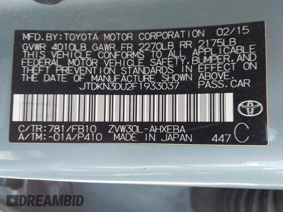 2015 Toyota Prius Four with VIN JTDKN3DU2F1933037, listed as a IAAI auction lot 42140908 with 85,032 mi miles. Bid and sale history available at carsss.com. Image 9.