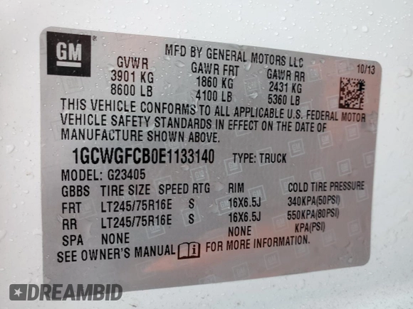2014 Chevrolet Express Cargo Van with VIN 1GCWGFCB0E1133140, listed as a Copart auction lot 45433475 with 63,580 mi miles and Clean Title. Bid and sale history available at carsss.com. Image 13.