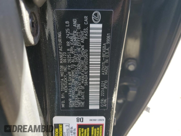 2023 Lexus ES with VIN 58ADA1C19PU035670, listed as a Copart auction lot 78781374 with 8,074 mi miles and Salvage Title. Bid and sale history available at carsss.com. Image 12.