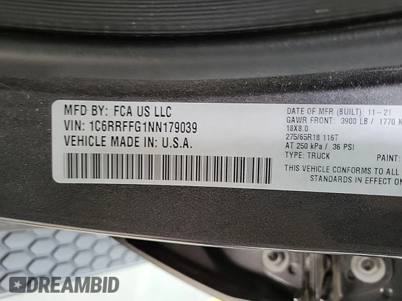 2022 Ram 1500 Big Horn with VIN 1C6RRFFG1NN179039, listed as a IAAI auction lot 42575822 with 69,264 mi miles and . Bid and sale history available at DreamBid. Image 20.