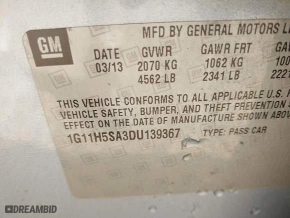 2013 Chevrolet Malibu LTZ with VIN 1G11H5SA3DU139367, listed as a IAAI auction lot 41844076 with 133,050 mi miles. Bid and sale history available at carsss.com. Image 9.