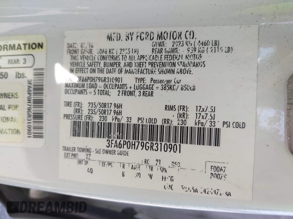 2016 Ford Fusion SE with VIN 3FA6P0H79GR310901, listed as a IAAI auction lot 42079623 with 192,105 mi miles. Bid and sale history available at carsss.com. Image 9.