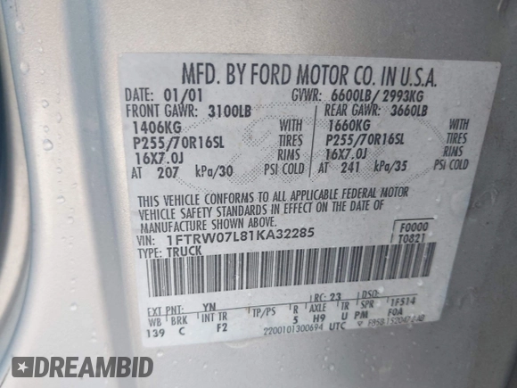2001 Ford F-150 XLT z VIN 1FTRW07L81KA32285, wystawiony jako IAAI lot #42134835 z przebiegiem 189 109 mil mil oraz . Historia ofert i sprzedaży dostępna na DreamBid. Obrazek 9.