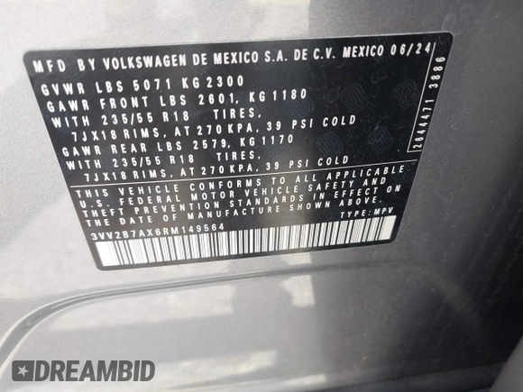 2024 Volkswagen Tiguan SE with VIN 3VV2B7AX6RM149564, listed as a IAAI auction lot 42686972 with 20,350 mi miles and . Bid and sale history available at DreamBid. Image 9.
