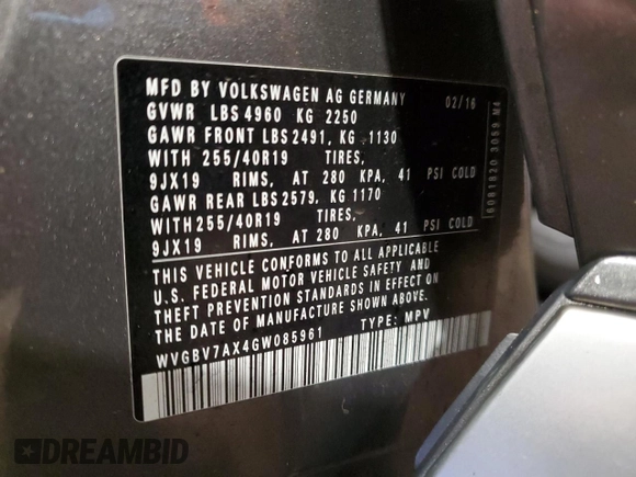 2016 Volkswagen Tiguan R-Line with VIN WVGBV7AX4GW085961, listed as a Copart auction lot 41828715 with 102,369 mi miles and Salvage Title. Bid and sale history available at DreamBid. Image 14.