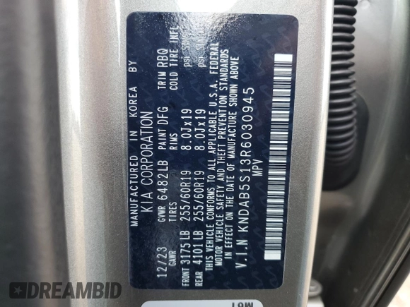 2024 Kia EV9 Light Long Range with VIN KNDAB5S13R6030945, listed as a Copart auction lot 48801575 with 6,513 mi miles and Salvage Title. Bid and sale history available at carsss.com. Image 15.