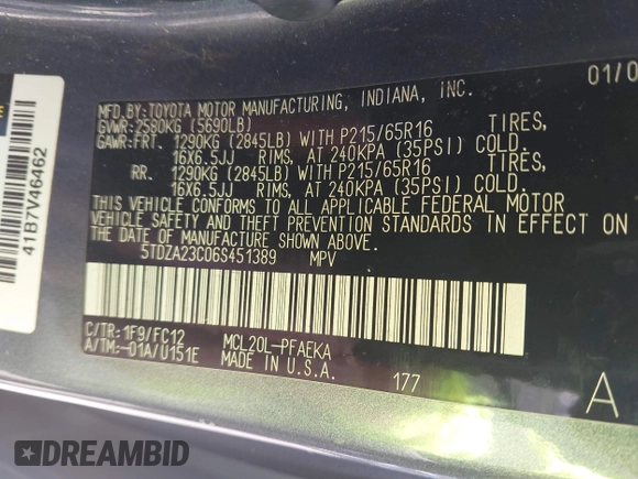 2006 Toyota Sienna CE z VIN 5TDZA23C06S451389, wystawiony jako IAAI lot #42513188 z przebiegiem 295 314 mil mil oraz . Historia ofert i sprzedaży dostępna na DreamBid. Obrazek 9.