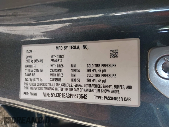 2023 Tesla Model 3 with VIN 5YJ3E1EA3PF673642, listed as a IAAI auction lot 40818151 with 12,293 mi miles and . Bid and sale history available at carsss.com. Image 9.