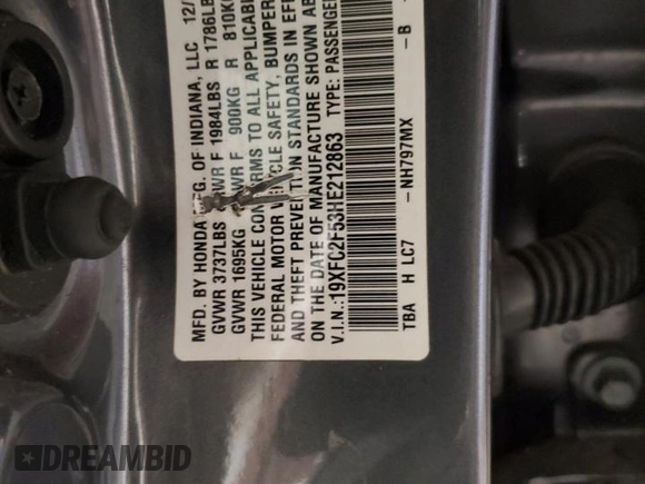 2017 Honda Civic Sedan LX with VIN 19XFC2F53HE212863, listed as a Copart auction lot 44610035 with 103,360 mi miles and Salvage Title. Bid and sale history available at carsss.com. Image 12.