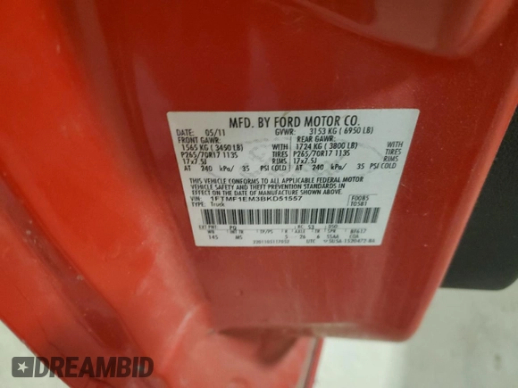 2011 Ford F-150 XL с VIN 1FTMF1EM3BKD51557, выставлен на аукционе Copart как лот 82130994 с пробегом 38 419 миль миль и Списание • Salvage title. История ставок и продаж доступна на DreamBid. Изображение 12.