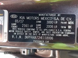 2017 Kia Forte LX with VIN 3KPFK4A72HE118996, listed as a IAAI auction lot 41978859 with 75,191 mi miles. Bid and sale history available at carsss.com. Image 9.