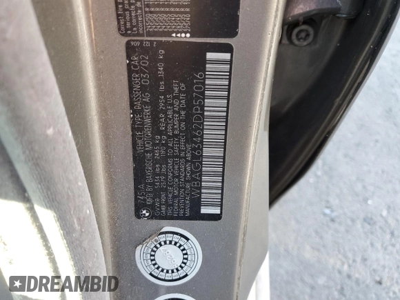 2002 BMW 7 Series 745i with VIN WBAGL63462DP57016, listed as a Copart auction lot 81025594 with 121,870 mi miles and Salvage Title. Bid and sale history available at DreamBid. Image 12.