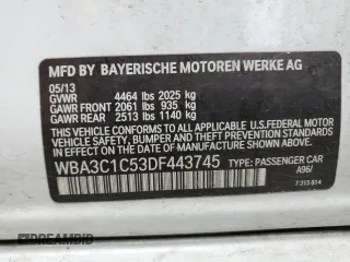2013 BMW 3 Series 328i with VIN WBA3C1C53DF443745, listed as a Copart auction lot 62609435 with 137,573 mi miles and Salvage title. Bid and sale history available at DreamBid. Image 12.