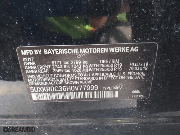 2017 BMW X5 xDrive35i with VIN 5UXKR0C36H0V77999, listed as a IAAI auction lot 41867766 with 98,222 mi miles. Bid and sale history available at carsss.com. Image 9.