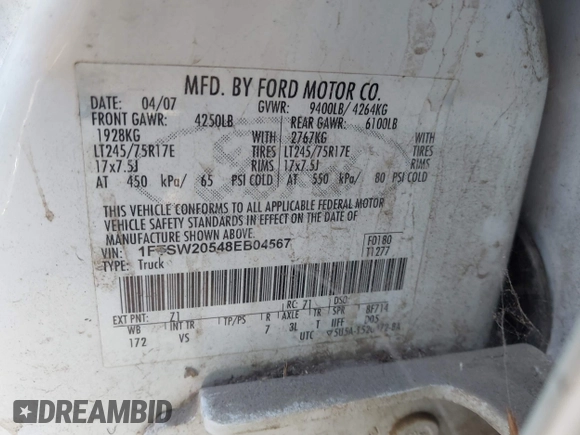 2008 Ford F-250 XL with VIN 1FTSW20548EB04567, listed as a IAAI auction lot 42699957 with 289,791 mi miles and . Bid and sale history available at DreamBid. Image 9.
