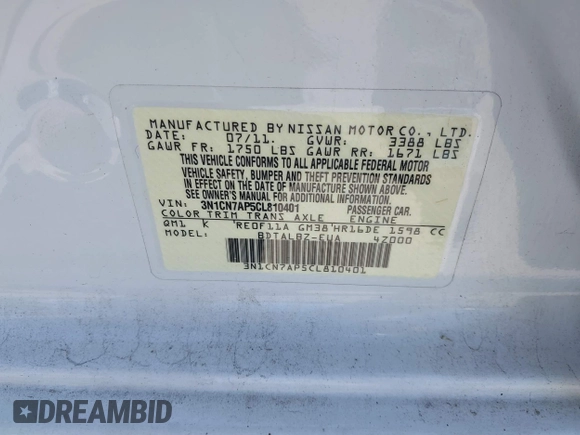 2012 Nissan Versa SV with VIN 3N1CN7AP5CL810401, listed as a IAAI auction lot 42592190 with 197,815 mi miles and . Bid and sale history available at DreamBid. Image 9.