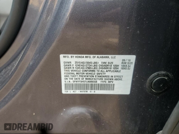 2020 Honda Pilot EX-L with VIN 5FNYF5H57LB006558, listed as a Copart auction lot 55172095 with 58,863 mi miles and Salvage title. Bid and sale history available at DreamBid. Image 13.