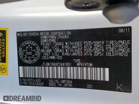 2012 Lexus RX 350 z VIN JTJBK1BAXC2441851, wystawiony jako Copart lot #54404125 z przebiegiem 231 907 mil mil oraz Szkoda całkowita • Salvage title. Historia ofert i sprzedaży dostępna na DreamBid. Obrazek 13.