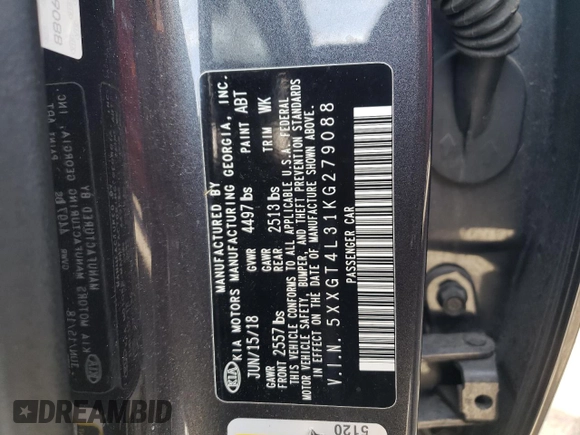 2019 Kia Optima LX with VIN 5XXGT4L31KG279088, listed as a Copart auction lot 50172065 with 100,353 mi miles and Salvage Title. Bid and sale history available at carsss.com. Image 12.