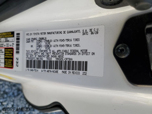 2020 Toyota Tacoma 2WD SR with VIN 3TYRX5GN7LT001542, listed as a Copart auction lot 88569185 with 117,694 mi miles and Salvage Title. Bid and sale history available at carsss.com. Image 12.
