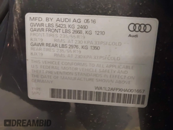 2017 Audi Q5 Premium Plus z VIN WA1L2AFPXHA001657, wystawiony jako IAAI lot #41706978 z przebiegiem 78 148 mil mil oraz . Historia ofert i sprzedaży dostępna na DreamBid. Obrazek 9.