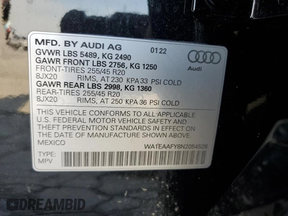 2022 Audi Q5 S line Premium Plus with VIN WA1EAAFY8N2054528, listed as a Copart auction lot 53096145 with 47,887 mi miles and Salvage Title. Bid and sale history available at DreamBid. Image 13.