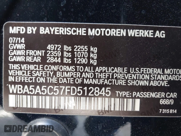 2015 BMW 5 Series 528i with VIN WBA5A5C57FD512845, listed as a IAAI auction lot 41954256 with 174,944 mi miles. Bid and sale history available at carsss.com. Image 9.