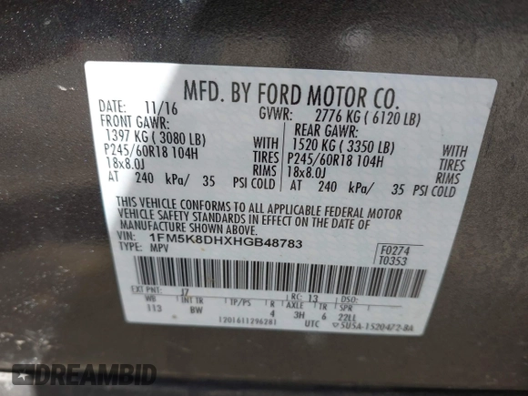 2017 Ford Explorer XLT z VIN 1FM5K8DHXHGB48783, wystawiony jako IAAI lot #41771686 z przebiegiem 104 809 mil mil oraz . Historia ofert i sprzedaży dostępna na DreamBid. Obrazek 9.